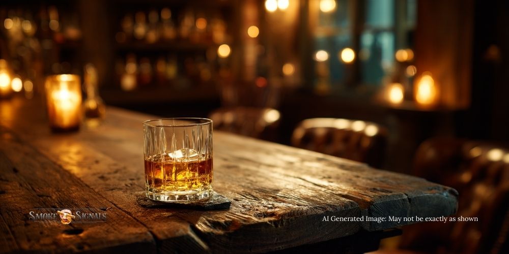 Bourbon glass glowing warmly on a rustic bar, echoing Crowned Heads Blood Medicine pairings.