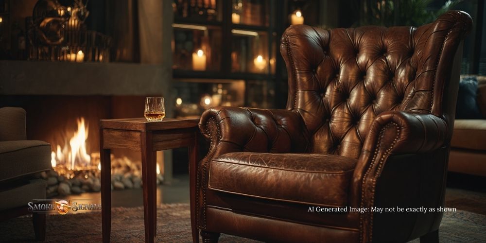 Leather armchair beside whiskey glass under firelight, evoking the boutique lounge vibe of Blood Medicine.