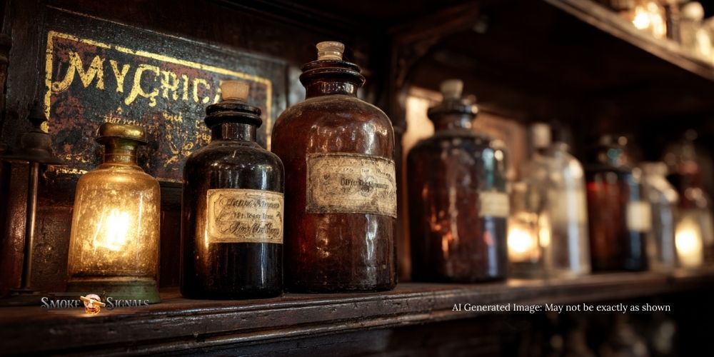 Vintage apothecary bottles under moody light, representing the Blood Medicine name origin.