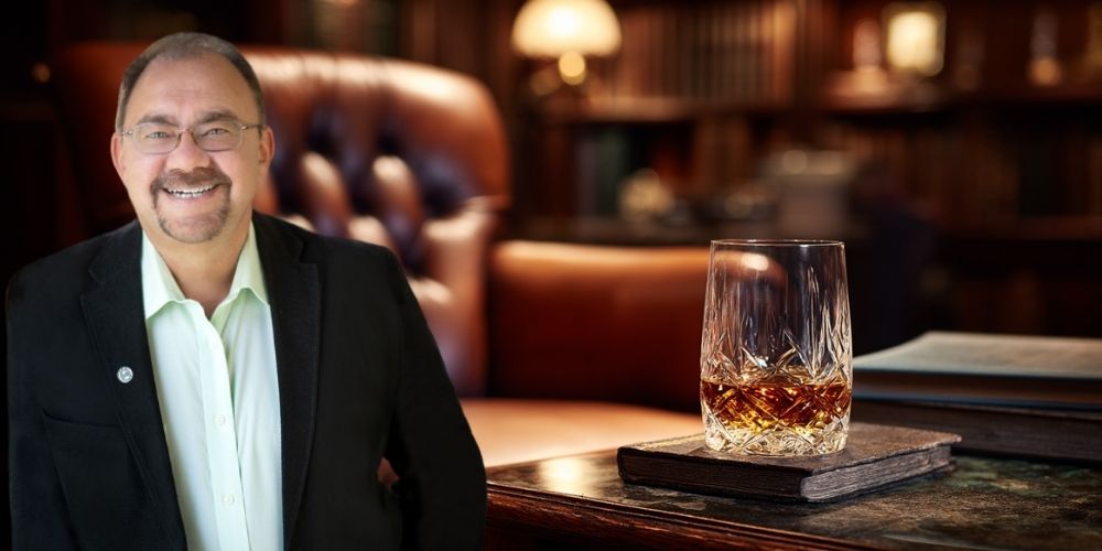 Whiskey lounge setting with leather chair and whiskey glass.