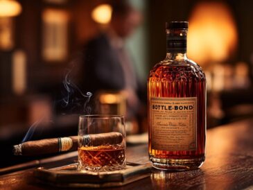 Bottled in bond whiskey and cigar pairing on an oak bar.