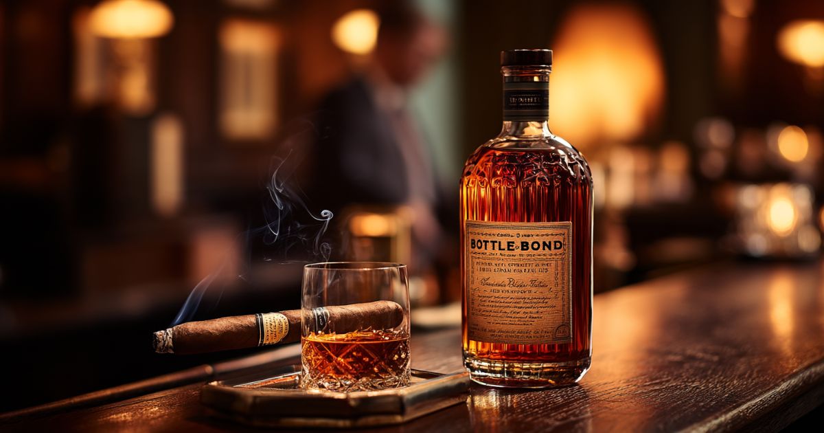 Bottled in bond whiskey and cigar pairing on an oak bar.