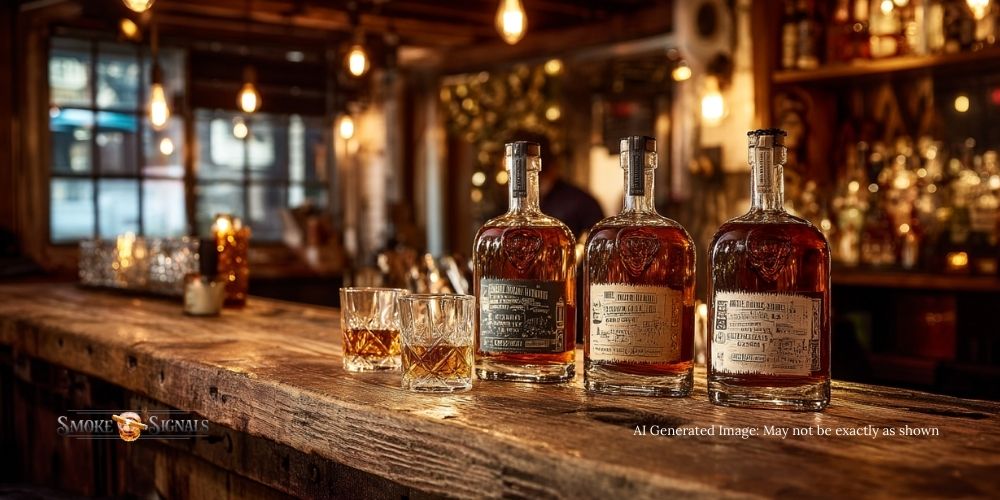 Lineup of bottled in bond whiskeys displayed on a rustic back bar.