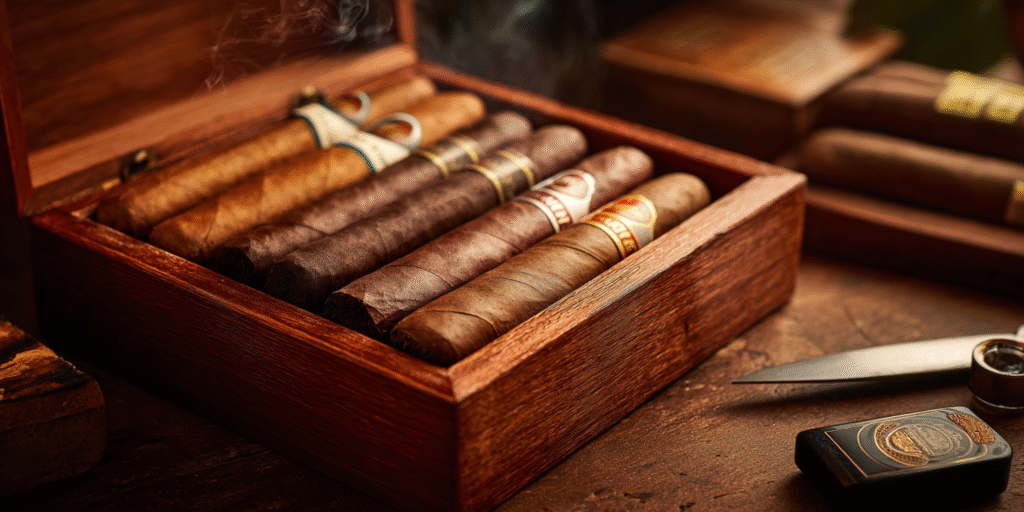 Selection of premium cigars in a wooden humidor with accessories. Cigar and Whiskey Guide