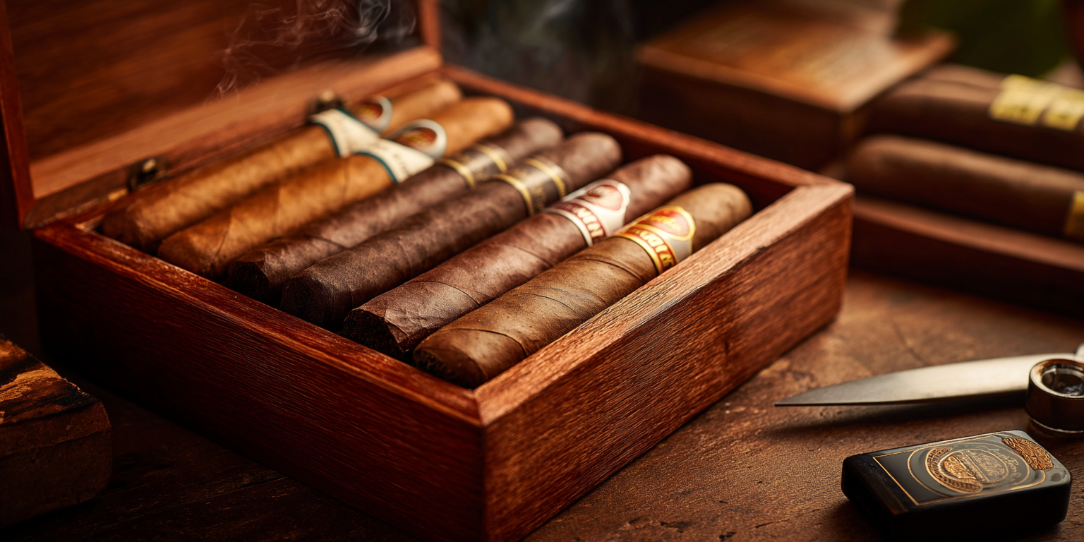 Selection of premium cigars in a wooden humidor with accessories. Cigar and Whiskey Guide