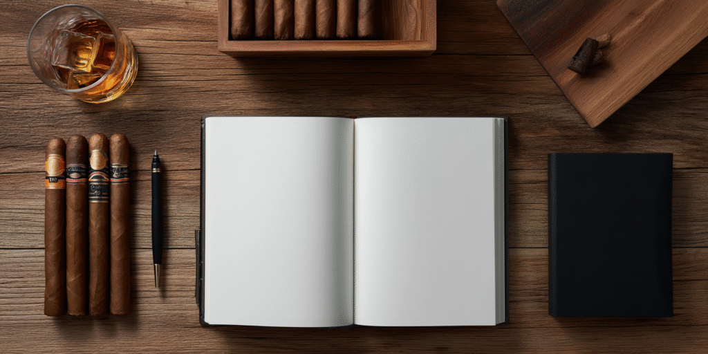Notebook labeled Cigar & Whiskey FAQs with humidor and whiskey glass.