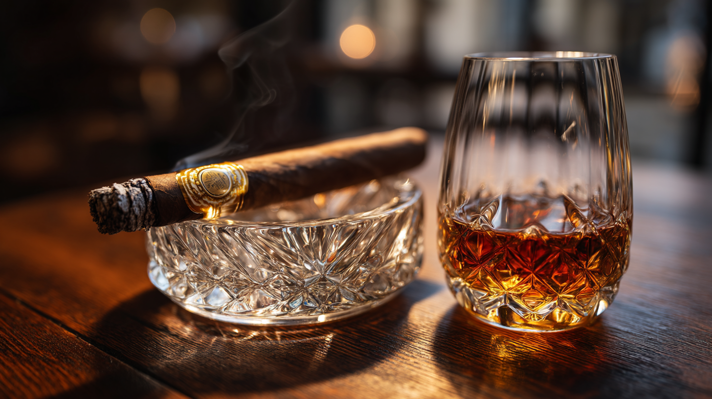 remium cigar with whiskey glass in a classy lounge setting.