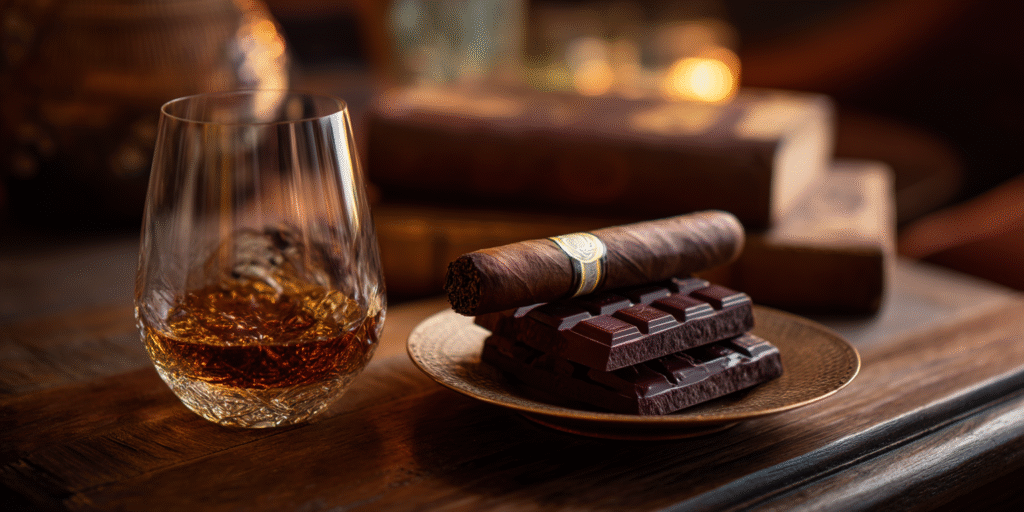 Whiskey and cigar pairing with dark chocolate on a wooden table. Cigar and whiskey pairings guide.