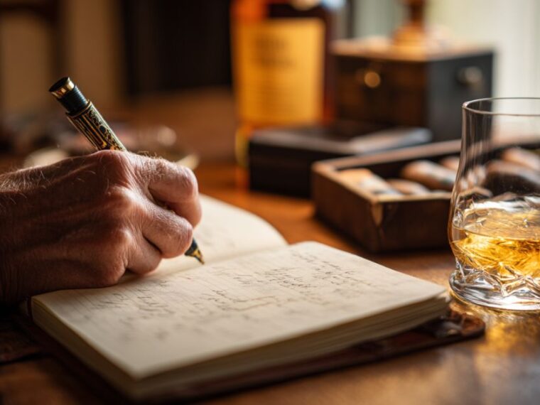 Contact Cigar & Whiskey Guide – writing in notebook with whiskey glass