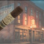 Historic Nashville street scene with glowing sign, symbolizing Crowned Heads Blood Medicine cigar origins.