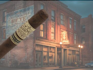 Historic Nashville street scene with glowing sign, symbolizing Crowned Heads Blood Medicine cigar origins.