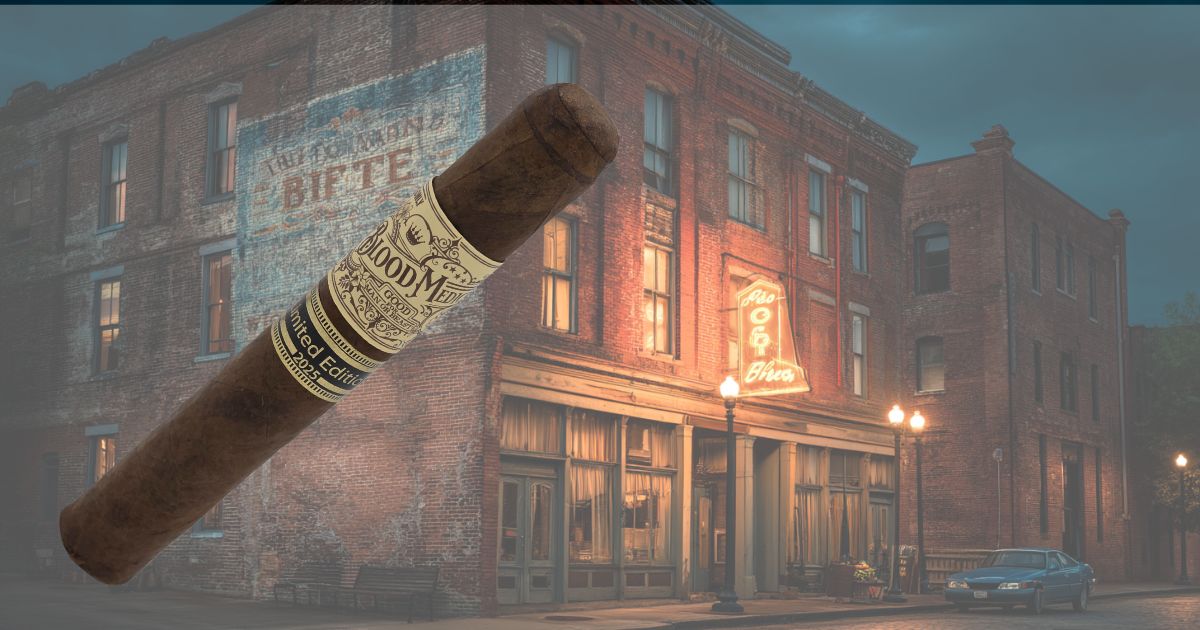 Historic Nashville street scene with glowing sign, symbolizing Crowned Heads Blood Medicine cigar origins.