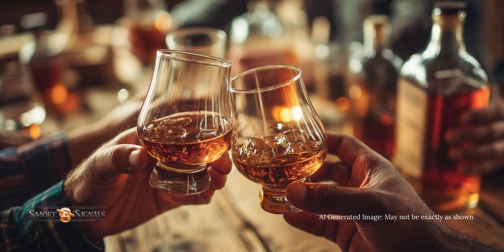 Group of friends clinking whiskey glasses at a tasting.