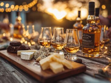 Backyard whiskey tasting setup with glasses, bottles, and food pairings at sunset.