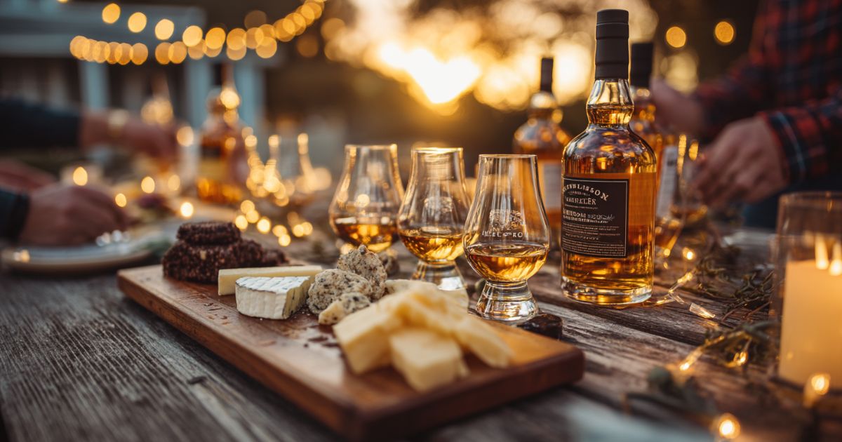 Backyard whiskey tasting setup with glasses, bottles, and food pairings at sunset.