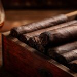Maduro wrapper cigars in a humidor with bourbon glass