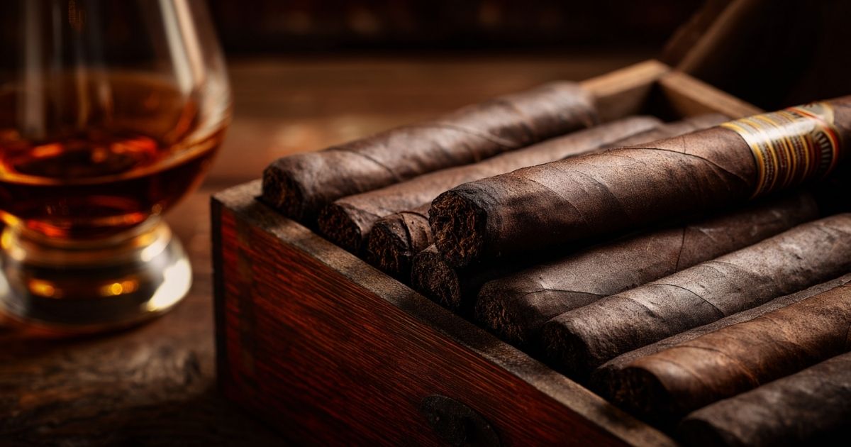 Maduro wrapper cigars in a humidor with bourbon glass