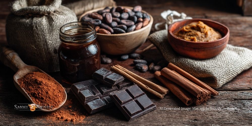 Cocoa, coffee, chocolate, and spices representing Maduro wrapper flavors