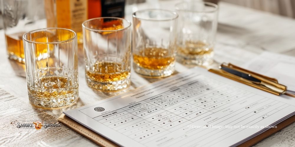 Whiskey tasting scorecard set beside glasses and bottles.