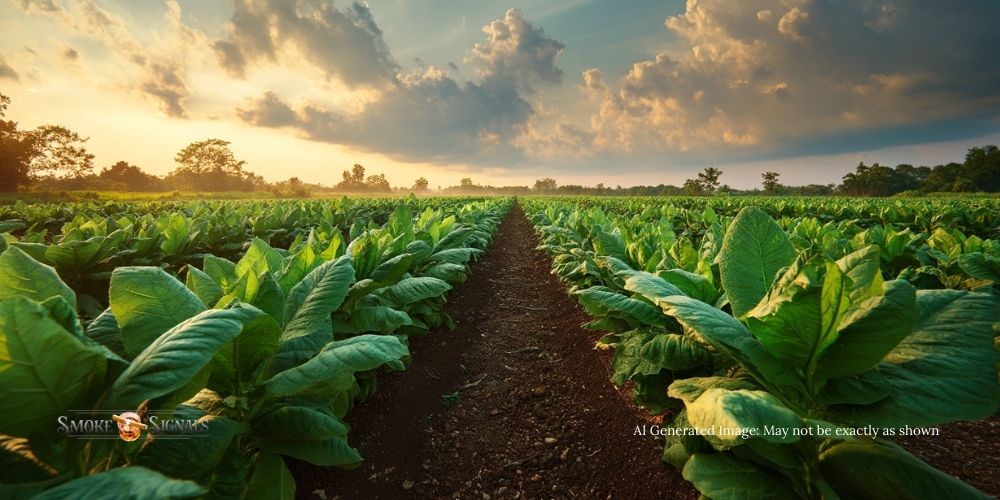 Tobacco field at sunset showing broad green leaves for Maduro wrapper.