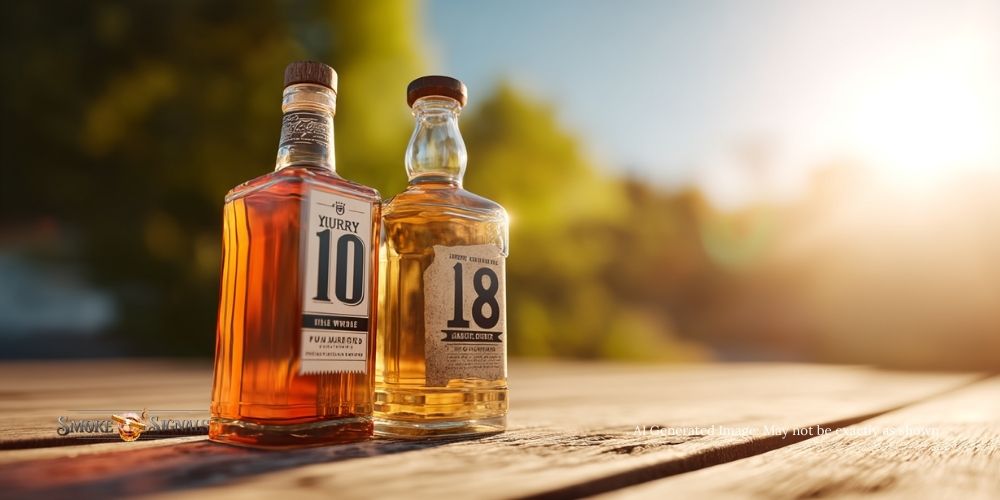 Whiskey bottles labeled 10 years and 18 years side by side in sunlight.