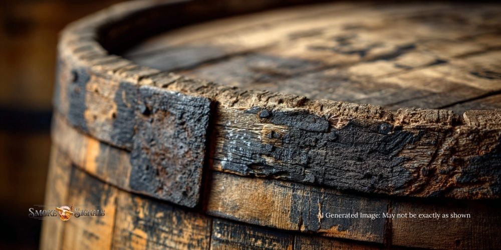 Whiskey aging in a charred oak barrel under bright daylight.