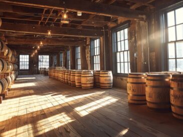 Whiskey aging barrels in a bright rickhouse with sunlight streaming through.