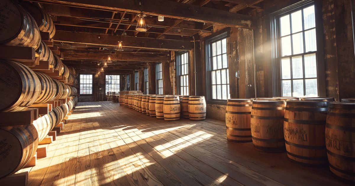 Whiskey aging barrels in a bright rickhouse with sunlight streaming through.