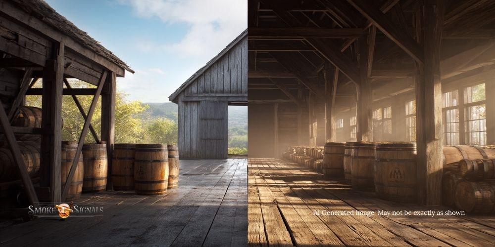 Kentucky rickhouse in sunlight versus a misty Scottish warehouse for whiskey aging.