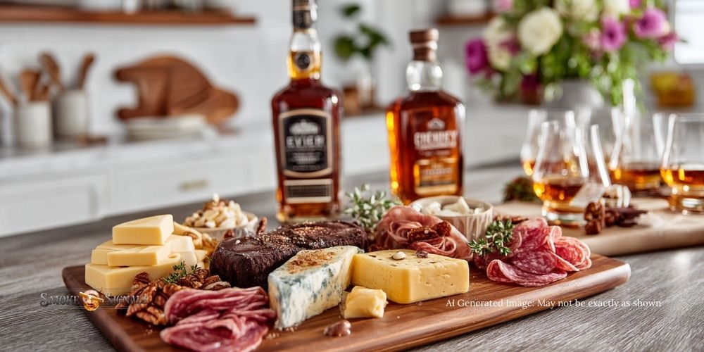 Cheese, chocolate, and charcuterie platter with whiskey glasses.