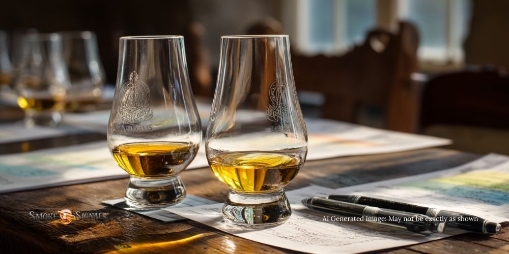 'How To Host A Whiskey Tasting': Whiskey glasses with tasting sheets and pens ready for notes. Step one in how to host a whiskey tasting at home.