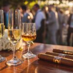 Celebratory cigars with champagne and whiskey at a wedding reception.