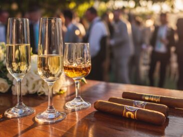 Celebratory cigars with champagne and whiskey at a wedding reception.