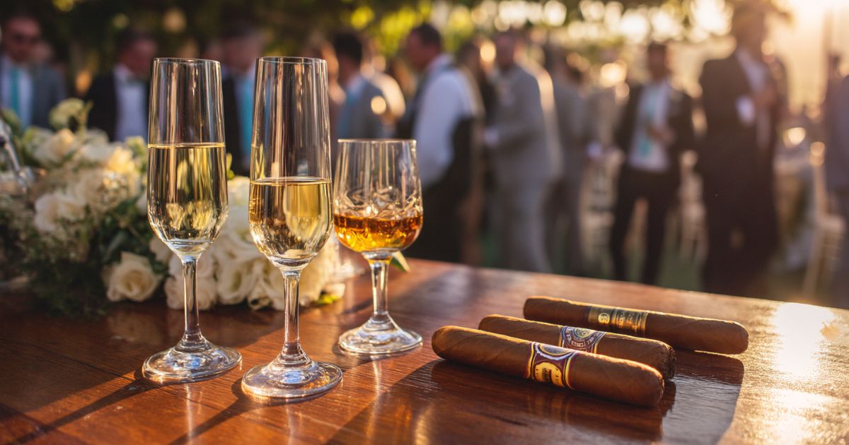 Celebratory cigars with champagne and whiskey at a wedding reception.
