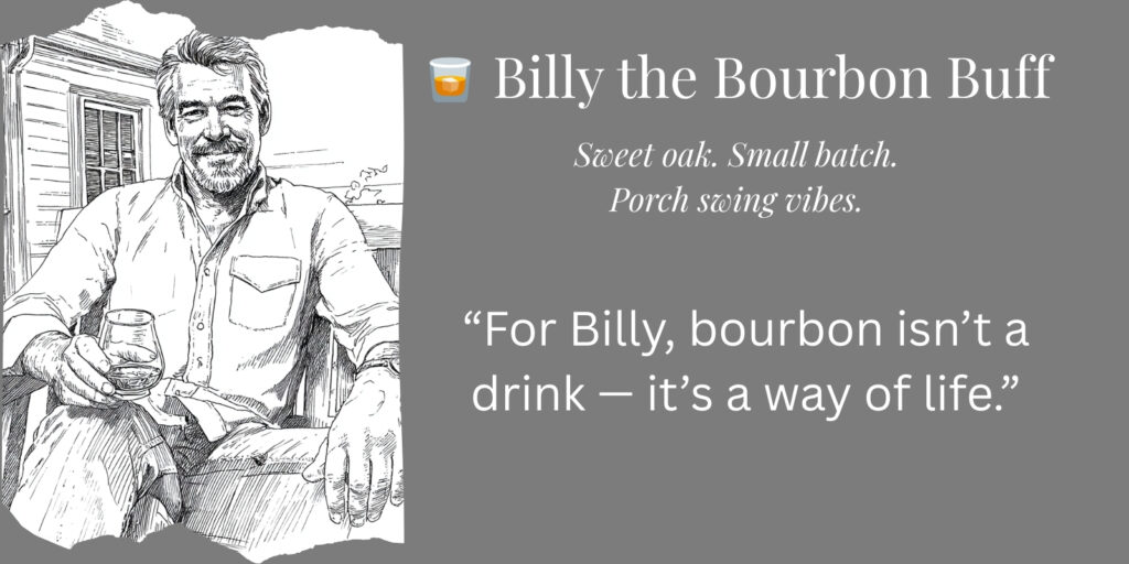 Ink sketch of Billy the Bourbon Buff, representing one of the classic whiskey personalities, sitting on a porch swing with bourbon in hand.