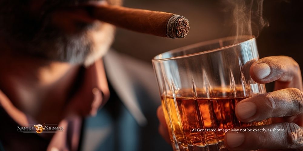 Hand holding bourbon and Connecticut Shade cigar. Cigar and whiskey pairings for beginners