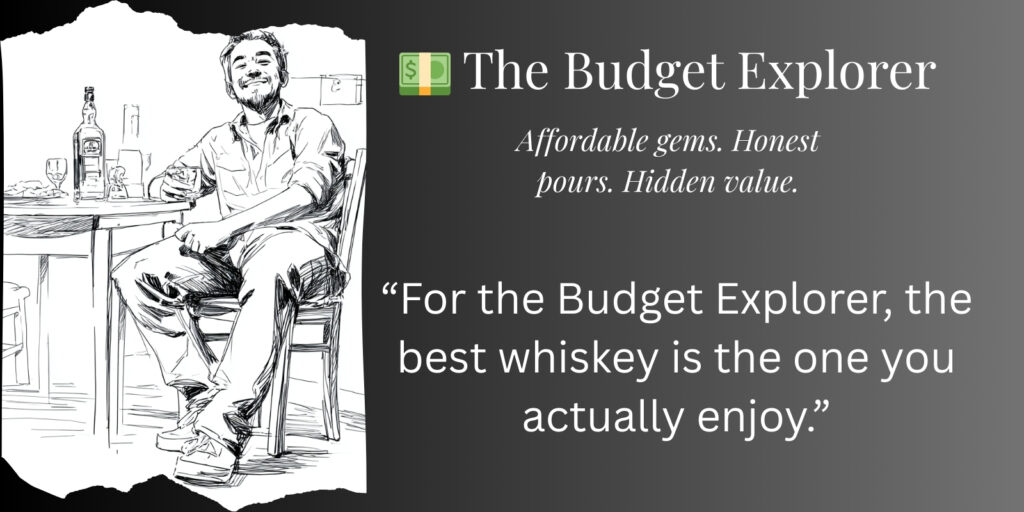 Ink sketch of The Budget Explorer, approachable whiskey personality enjoying affordable whiskey at a kitchen table.