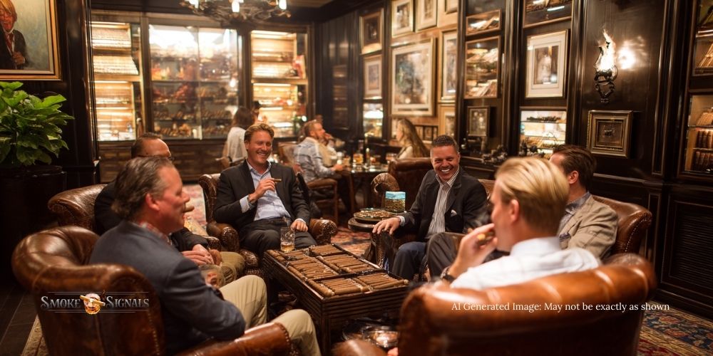 Upscale cigar lounge with people enjoying cigars and whiskey together