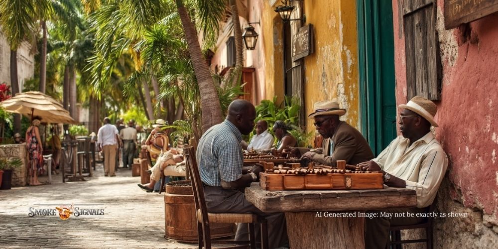 Cigar rollers in the Caribbean enjoying rum, highlighting the origins of cigar rum pairing.