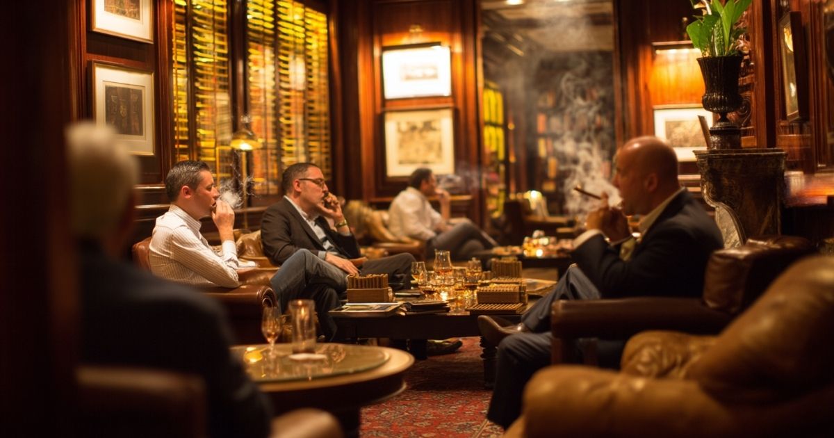 People sharing cigars and rum in a lounge, representing cigar rum pairing tradition.