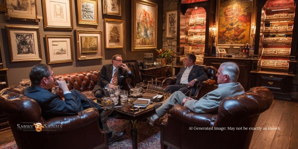Historic cigar lounge with whiskey bottles and cigars in humidor