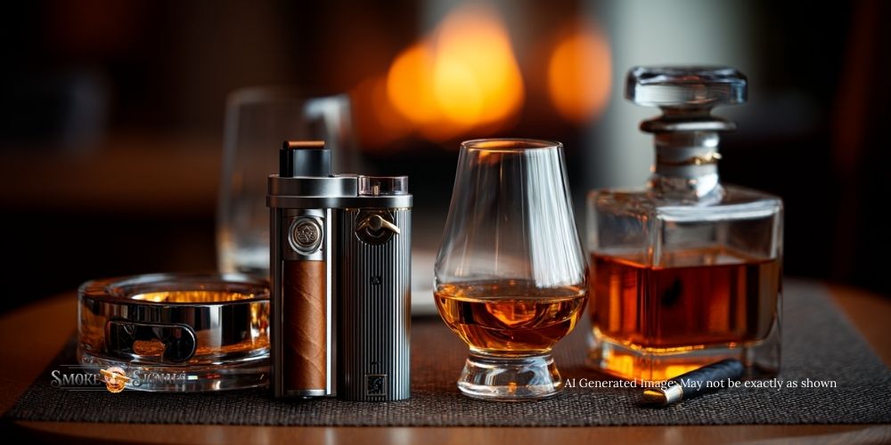 Cigar accessories with cutter, lighter, ashtray, whiskey decanter and Glencairn glass