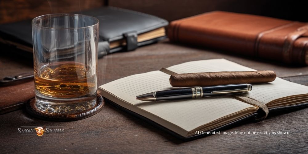 Notebook with pen beside whiskey glass and cigar symbolizing questions
