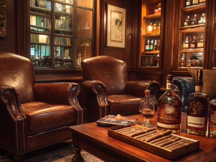 Cigar and whiskey lifestyle guide with glass of bourbon and cigar on table