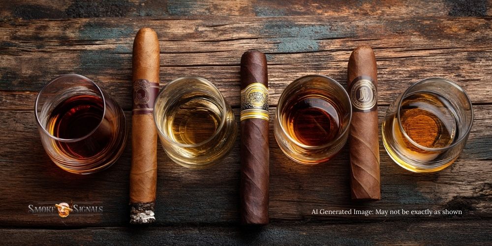 Whiskey glasses and cigars with Connecticut, Habano, and Maduro wrappers on wooden table