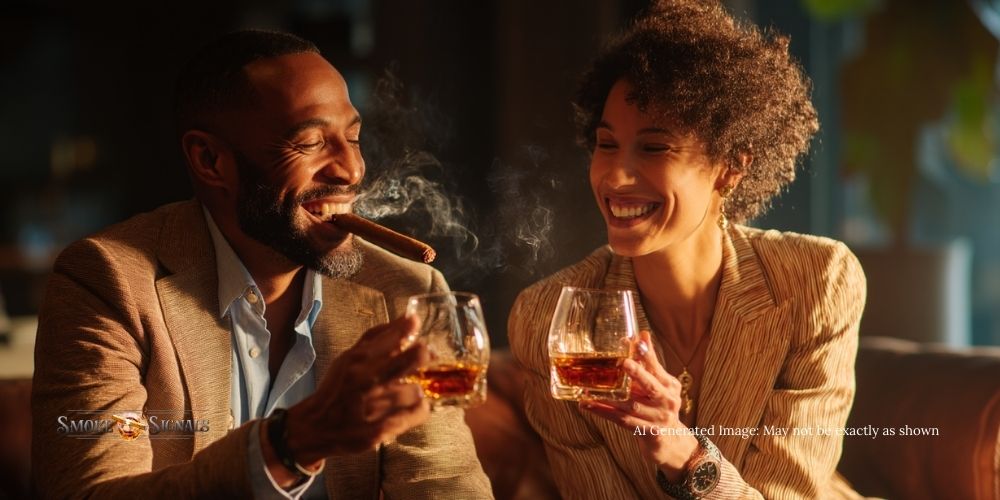 Couple toasting with whiskey and cigars.