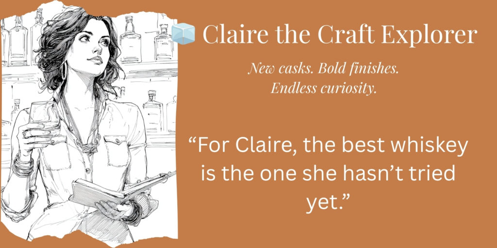 Ink sketch of Claire the Craft Explorer, one of the adventurous whiskey personalities, journaling while tasting craft whiskey.
