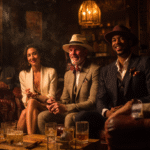 Six diverse cigar smokers enjoying a party in a classic lounge setting with whiskey and cigars.