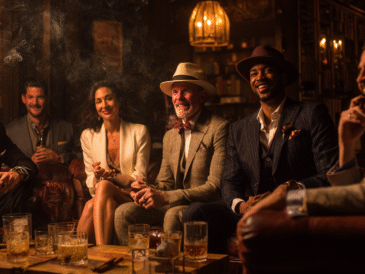 Six diverse cigar smokers enjoying a party in a classic lounge setting with whiskey and cigars.