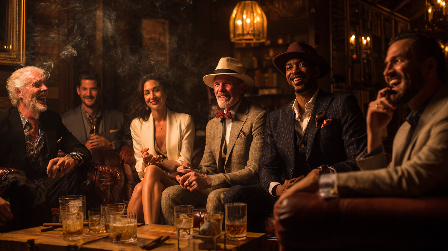 Six diverse cigar smokers enjoying a party in a classic lounge setting with whiskey and cigars.